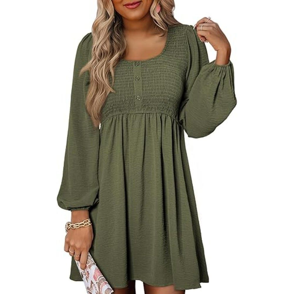 Dokotoo Women's A-Line Mini Dress MEDIUM Green Smocked Button Up Empire Waist